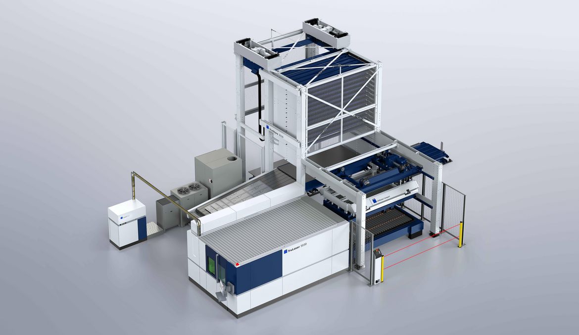 TruLaser 5030 fiber with LiftMaster Compact and TruStore 3030