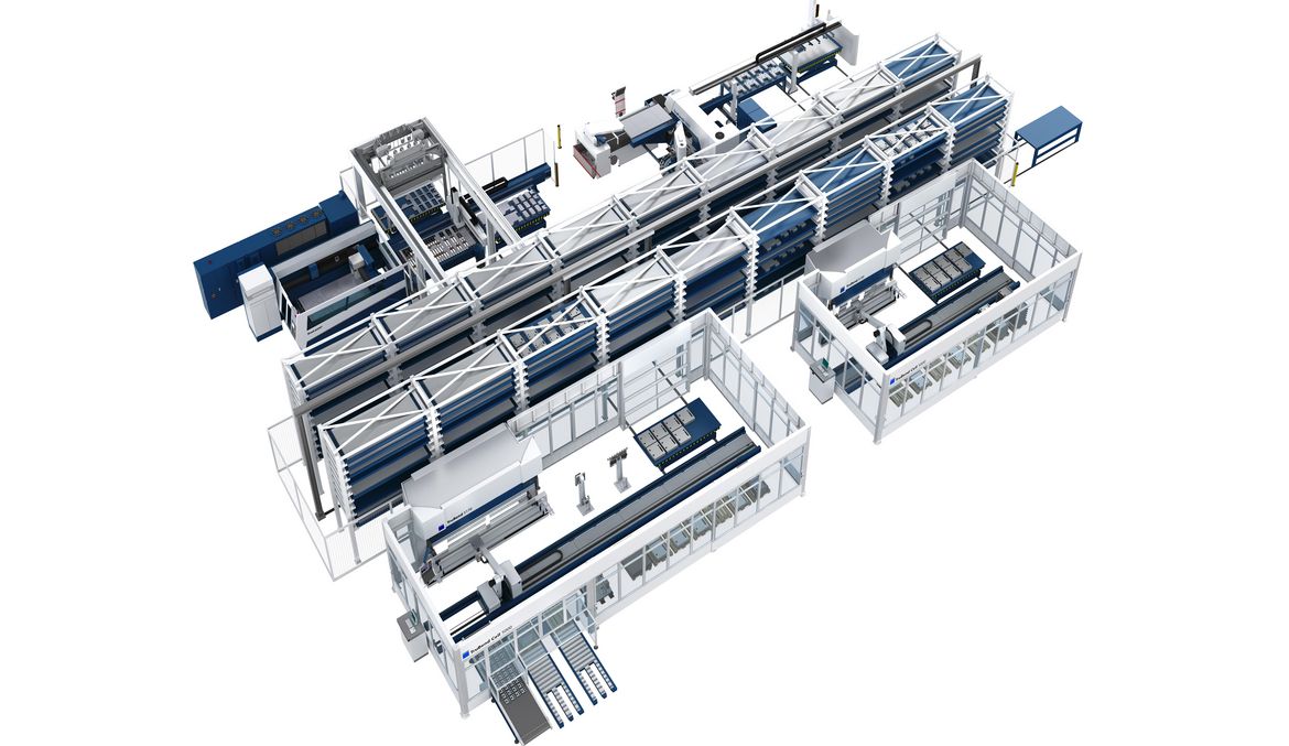 STOPA large-scale storage system, process interlinking, TruBend Cell 5000, TruPunch 5000, and TruLaser 5030 with storage connection.