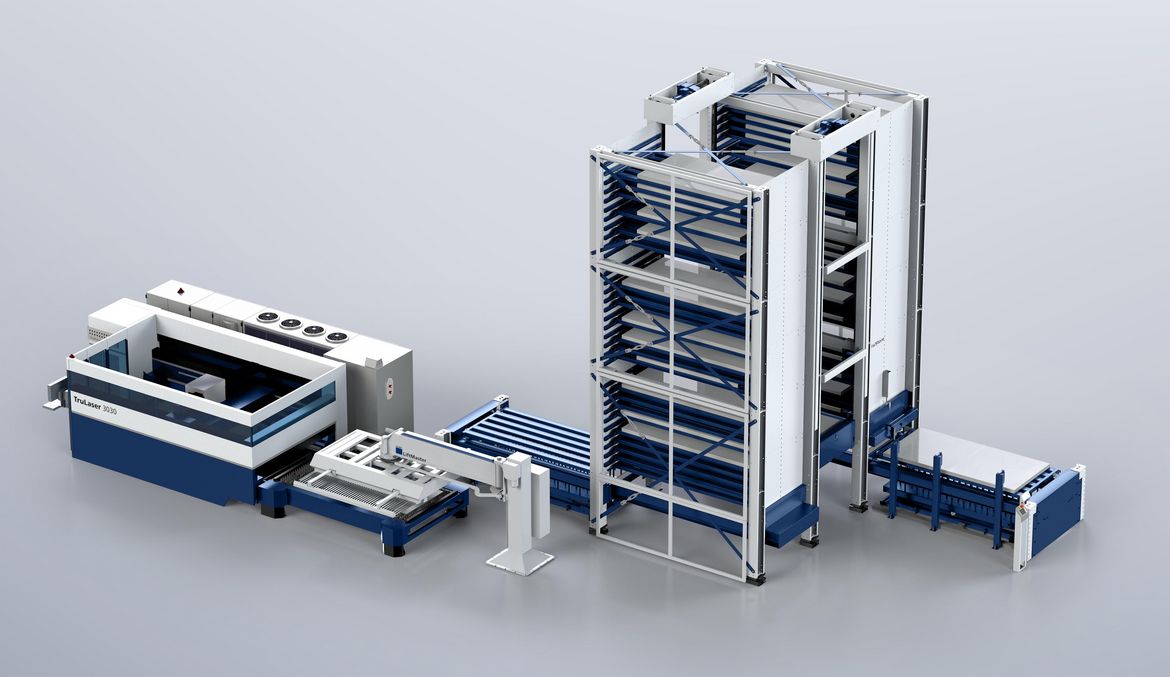 The LiftMaster connects a TruLaser 3030 indirectly with a TruStore 3030