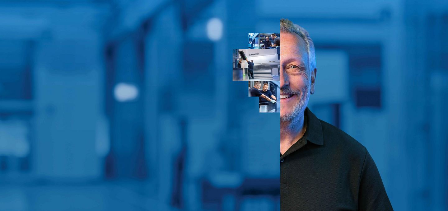 A man against a blue industrial background with superimposed images of bending machines and people