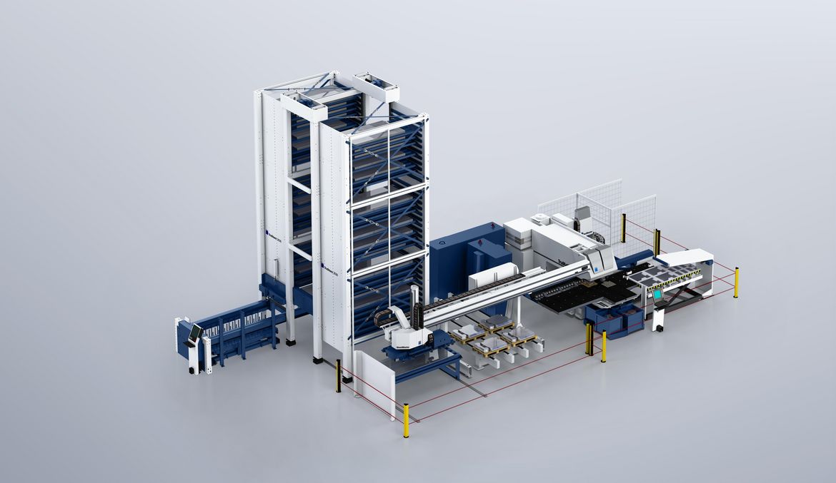 TruMatic 7000 with TruStore 3030 and SheetMaster, dual loading carts on tracks, SortMaster Pallet, SortMaster Box, GripMaster, and ToolMaster
