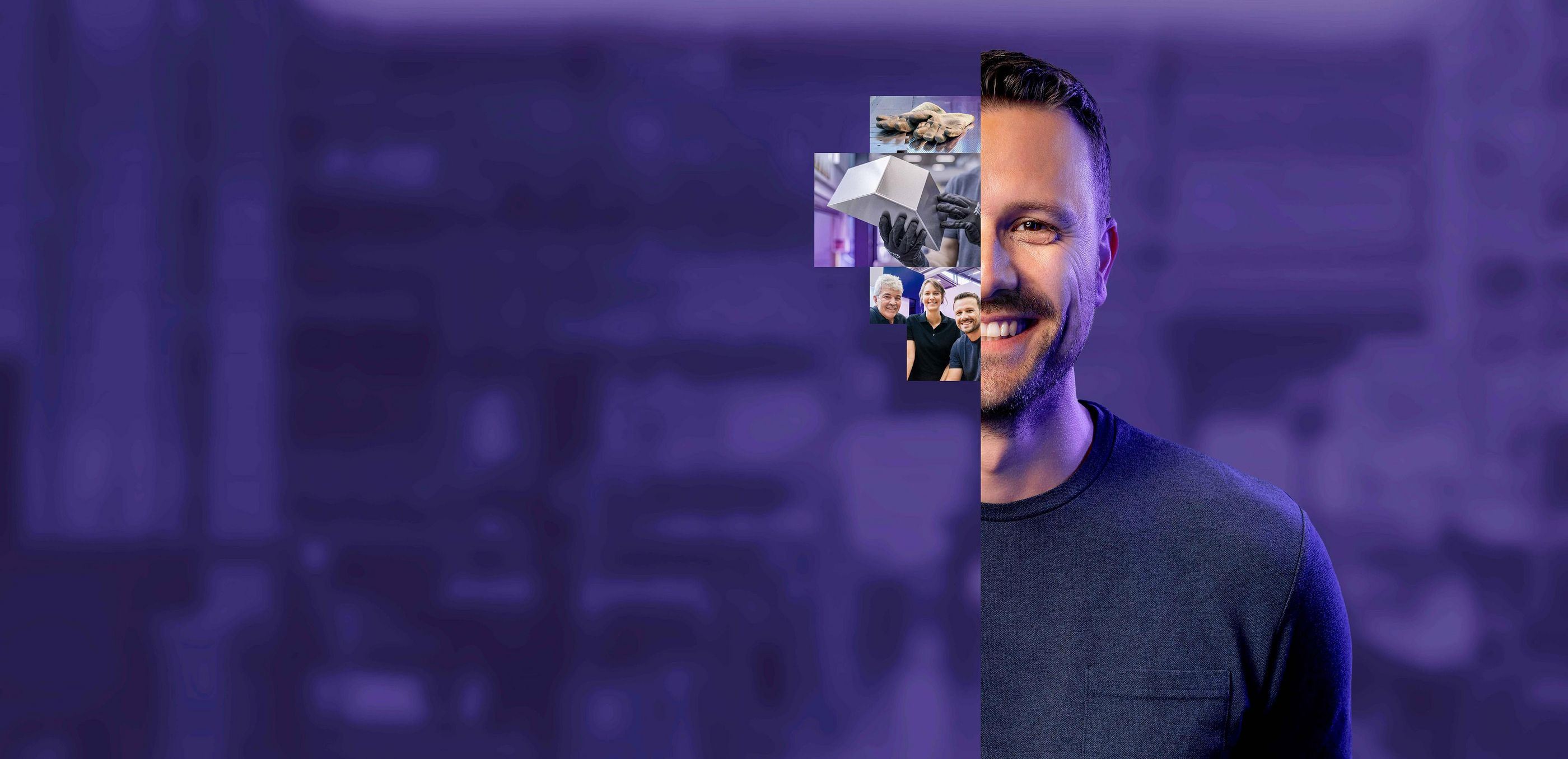 A man with photos of sample parts and a team photo next to his head, set against a purple-tinted city backdrop.